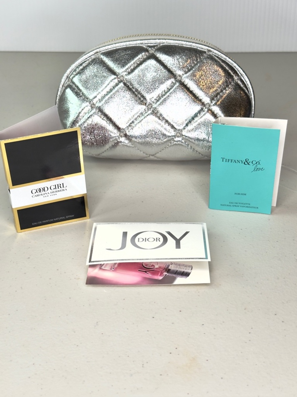 NEW Anthropologie NWT Silver Quilted Cosmetic Bag + 3 Perfume Samples